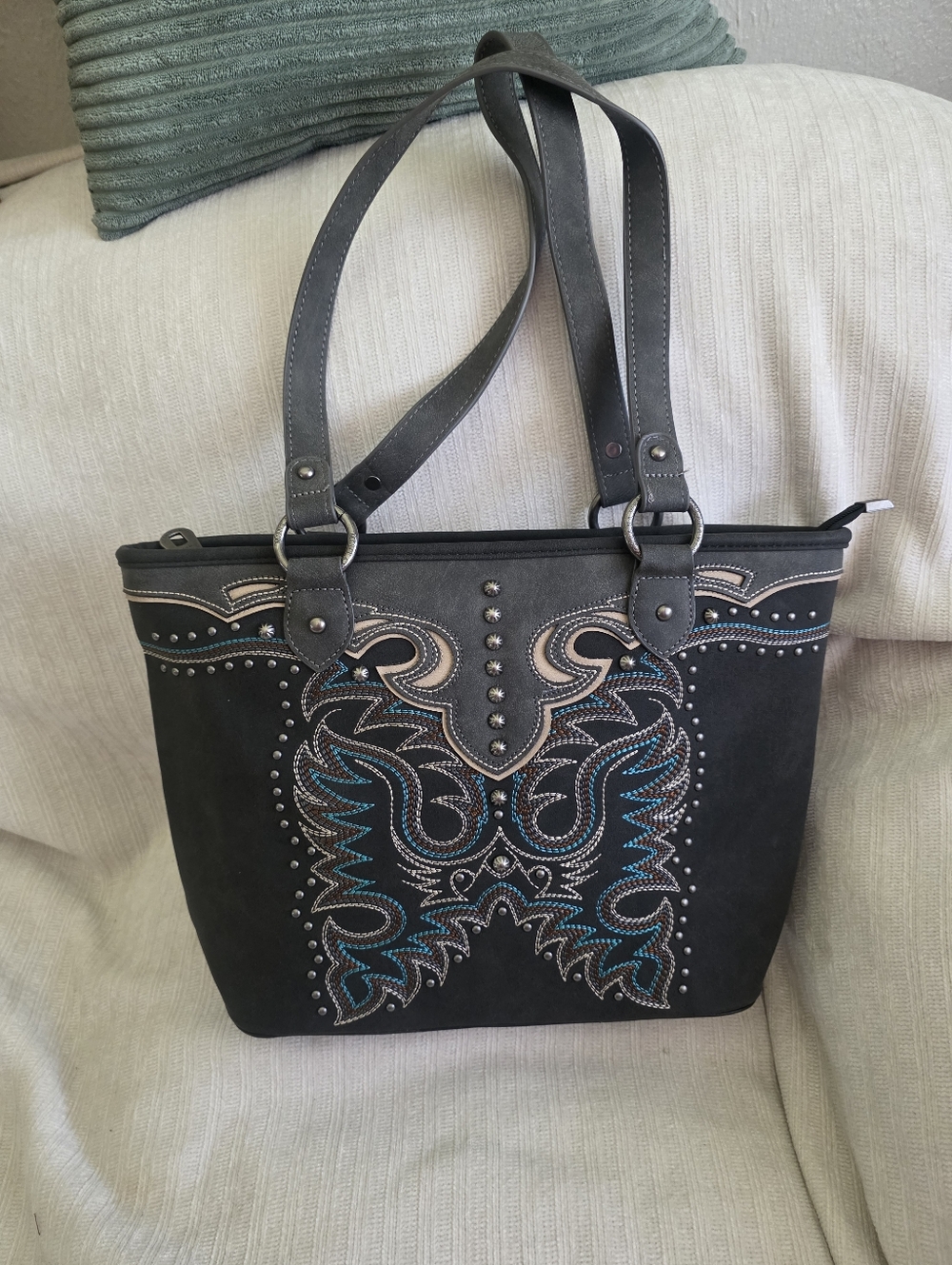 Montana West Black Shoulder Bag with Turquoise and Tan Embroidery